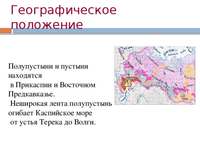 Географическое  положение Полупустыни и пустыни находятся  в Прикаспии и Восточном Предкавказье.  Неширокая лента полупустынь огибает Каспийское море  от устья Терека до Волги. 