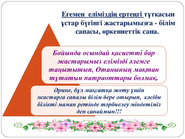 Егемен еліміздің ертеңгі тұтқасын ұстар бүгінгі жастарымызға - білім сапасы, өркениеттік сана. Егемен еліміздің ертеңгі тұтқасын ұстар бүгінгі жастарымызға - білім сапасы, өркениеттік сана. 