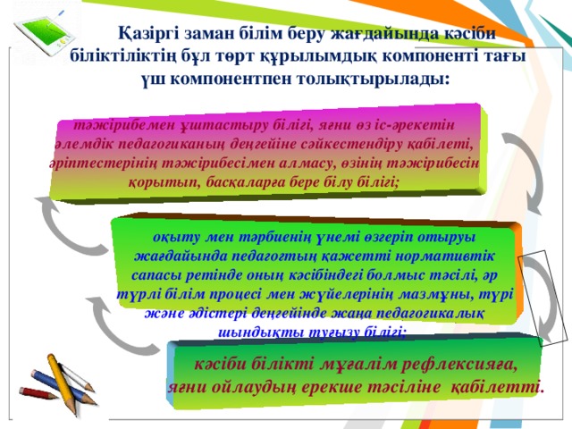 Қазіргі заман білім беру жағдайында кәсіби біліктіліктің бұл төрт құрылымдық компоненті тағы үш компонентпен толықтырылады: тәжірибемен ұштастыру білігі, яғни өз іс-әрекетін әлемдік педагогиканың деңгейіне сәйкестендіру қабілеті, әріптестерінің тәжірибесімен алмасу, өзінің тәжірибесін қорытып, басқаларға бере білу білігі; оқыту мен тәрбиенің үнемі өзгеріп отыруы жағдайында педагогтың қажетті нормативтік сапасы ретінде оның кәсібіндегі болмыс тәсілі, әр түрлі білім процесі мен жүйелерінің мазмұны, түрі және әдістері деңгейінде жаңа педагогикалық шындықты туғызу білігі; кәсіби білікті мұғалім рефлексияға,  яғни ойлаудың ерекше тәсіліне қабілетті. 