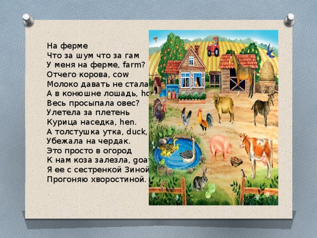 На ферме Что за шум что за гам У меня на ферме, farm? Отчего корова, cow Молоко давать не стала? А в конюшне лошадь, horse, Весь просыпала овес? Улетела за плетень Курица наседка, hen. А толстушка утка, duck, Убежала на чердак. Это просто в огород К нам коза залезла, goat. Я ее с сестренкой Зиной Прогоняю хворостиной. 