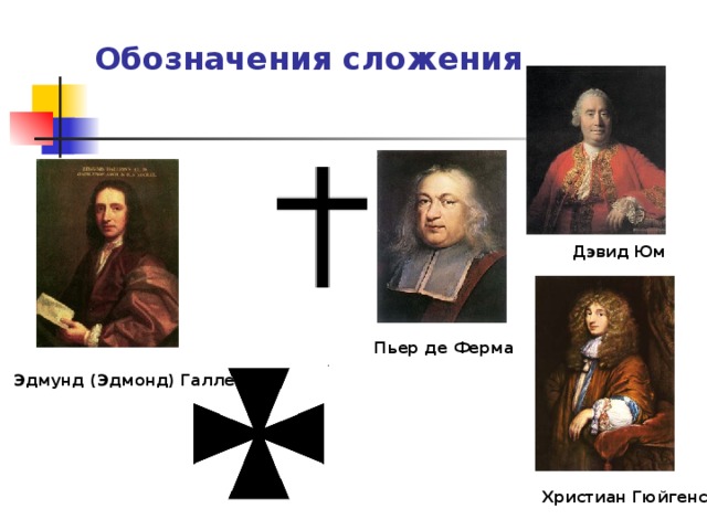 Обозначения сложения Дэвид Юм Пьер де Ферма Эдмунд (Эдмонд) Галлей Христиан Гюйгенс 