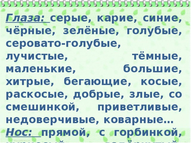 Глаза: серые, карие, синие, чёрные, зелёные, голубые, серовато-голубые, лучистые, тёмные, маленькие, большие, хитрые, бегающие, косые, раскосые, добрые, злые, со смешинкой, приветливые, недоверчивые, коварные… Нос: прямой, с горбинкой, курносый, вздёрнутый, широкий, узкий…  