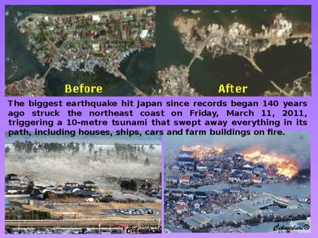 The biggest earthquake hit Japan since records began 140 years ago struck the northeast coast on Friday, March 11, 2011, triggering a 10-metre tsunami that swept away everything in its path, including houses, ships, cars and farm buildings on fire. 