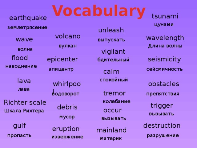Vocabulary tsunami earthquake цунами землетрясение unleash volcano wavelength wave выпускать Длина волны вулкан волна vigilant flood seismicity epicenter бдительный наводнение эпицентр сейсмичность calm lava спокойный whirlpool obstacles лава tremor препятствия водоворот колебание Richter scale trigger debris occur Шкала Рихтера вызывать мусор вызывать destruction gulf eruption mainland пропасть разрушение извержение материк 