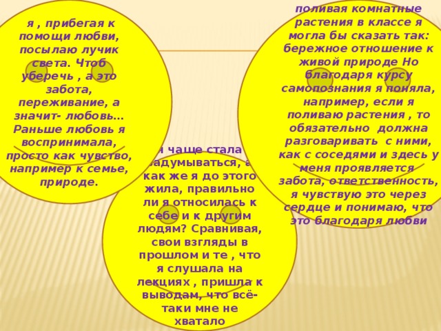  я , прибегая к помощи любви, посылаю лучик света. Чтоб уберечь , а это забота, переживание, а значит- любовь…Раньше любовь я воспринимала, просто как чувство, например к семье, природе. поливая комнатные растения в классе я могла бы сказать так: бережное отношение к живой природе Но благодаря курсу самопознания я поняла, например, если я поливаю растения , то обязательно должна разговаривать с ними, как с соседями и здесь у меня проявляется забота, ответственность, я чувствую это через сердце и понимаю, что это благодаря любви я чаще стала задумываться, а как же я до этого жила, правильно ли я относилась к себе и к другим людям? Сравнивая, свои взгляды в прошлом и те , что я слушала на лекциях , пришла к выводам, что всё-таки мне не хватало внутреннего покоя 