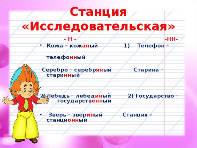 Станция «Исследовательская»  - Н -  -НН- Кожа – кож ан ый  1) Телефон –  телефо нн ый   Серебро – серебр ян ый Старина – стари нн ый  Лебедь – лебед ин ый  2) Государство –       государств енн ый   Зверь – звер ин ый Станция -  станци онн ый  