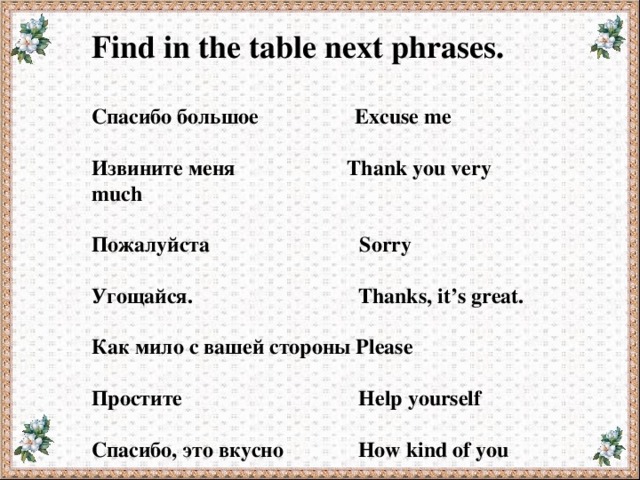 Find in the table next phrases.  Спасибо большое Excuse me  Извините меня Thank you very much  Пожалуйста Sorry  Угощайся. Thanks, it’s great.  Как мило с вашей стороны Please  Простите Help yourself  Спасибо, это вкусно How kind of you  