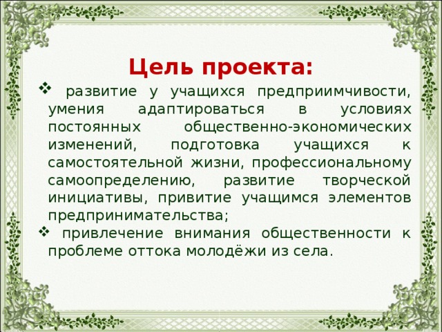 Цель проекта:   развитие у учащихся предприимчивости, умения адаптироваться в условиях постоянных общественно-экономических изменений, подготовка учащихся к самостоятельной жизни, профессиональному самоопределению, развитие творческой инициативы, привитие учащимся элементов предпринимательства;  привлечение внимания общественности к проблеме оттока молодёжи из села. 