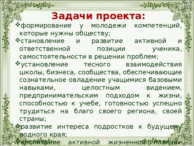 Задачи проекта: формирование у молодежи компетенций, которые нужны обществу; становление и развитие активной и ответственной позиции ученика, самостоятельности в решении проблем; установление тесного взаимодействия школы, бизнеса, сообщества, обеспечивающие сознательное овладение учащимися базовыми навыками, целостным видением, предпринимательским подходом к жизни, способностью к учебе, готовностью успешно трудиться на благо своего региона, своей страны; развитие интереса подростков к будущему родного края; воспитание активной жизненной позиции подростков. 