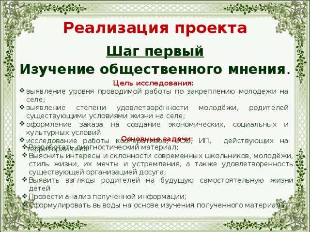 Реализация проекта Шаг первый Изучение общественного мнения . Цель исследования: выявление уровня проводимой работы по закреплению молодежи на селе; выявление степени удовлетворённости молодёжи, родителей существующими условиями жизни на селе; оформление заказа на создание экономических, социальных и культурных условий исследование работы кооперативов, ООО, ИП, действующих на территории села. Основные задачи: Разработать диагностический материал; Выяснить интересы и склонности современных школьников, молодёжи, стиль жизни, их мечты и устремления, а также удовлетворенность существующей организацией досуга; Выявить взгляды родителей на будущую самостоятельную жизни детей Провести анализ полученной информации; Сформулировать выводы на основе изучения полученного материала. 