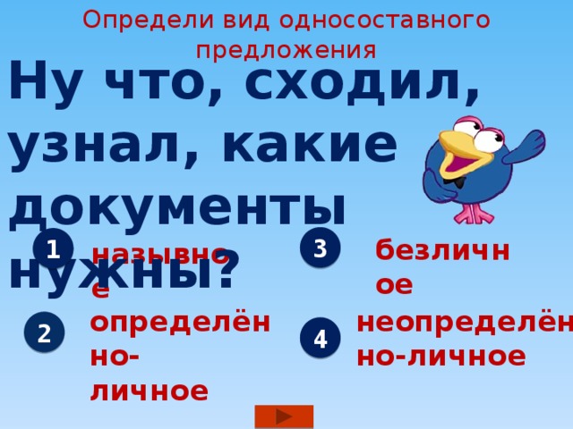 Определи вид односоставного предложения Ну что, сходил, узнал, какие документы нужны? 3 безличное 1 назывное определённо- неопределённо-личное личное 2 4 