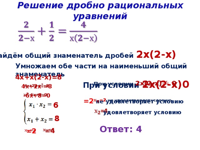Решение дробно рациональных уравнений      Найдём общий знаменатель дробей 2х(2-х) Умножаем обе части на наименьший общий знаменатель 4х+х(2-х)=8   При условии 2х(2-х)0   4х+2х-=8 -6х+8=0     =2 не удовлетворяет условию 6  удовлетворяет условию 8 Ответ: 4   =4   =2