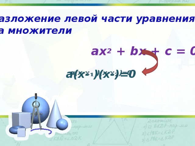 Разложение левой части уравнения на множители  ax 2 + bx + c = 0  a(x- )(x-)=0  