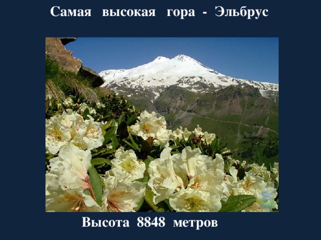 Самая высокая гора - Эльбрус Высота 8848 метров 