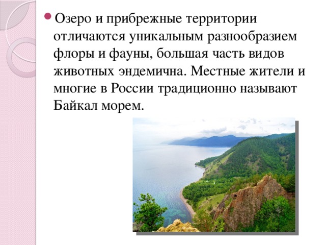 Озеро и прибрежные территории отличаются уникальным разнообразием флоры и фауны, большая часть видов животных эндемична. Местные жители и многие в России традиционно называют Байкал морем. 