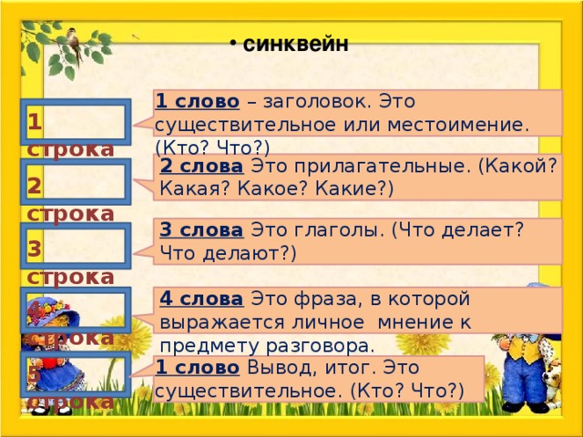 синквейн 1 слово  – заголовок. Это существительное или местоимение. (Кто? Что?) 1 строка 2 слова  Это прилагательные. (Какой? Какая? Какое? Какие?) 2 строка 3 слова  Это глаголы. (Что делает? Что делают?) 3 строка 4 слова  Это фраза, в которой выражается личное мнение к предмету разговора. 4 строка 1 слово  Вывод, итог. Это существительное. (Кто? Что?) 5 строка 