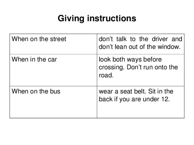 Giving instructions When on the street don’t talk to the driver and don’t lean out of  the window. When in the car look both ways before crossing. Don’t run onto the road. When on the bus wear a seat belt. Sit in  th e back  if you are  under 12. 