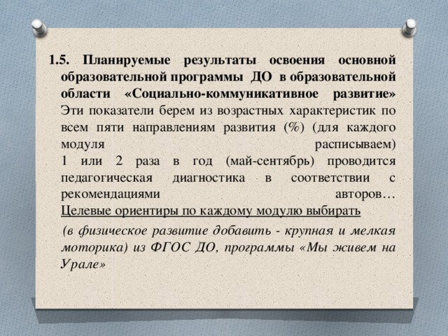 1.5. Планируемые результаты освоения основной образовательной программы ДО в образовательной области «Социально-коммуникативное развитие»  Эти показатели берем из возрастных характеристик по всем пяти направлениям развития (%) (для каждого модуля расписываем)  1 или 2 раза в год (май-сентябрь) проводится педагогическая диагностика в соответствии с рекомендациями авторов…  Целевые ориентиры по каждому модулю выбирать  (в физическое развитие добавить - крупная и мелкая моторика) из ФГОС ДО, программы «Мы живем на Урале» 