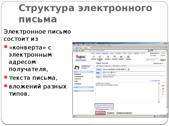 Структура электронного письма Электронное письмо состоит из «конверта» с электронным адресом получателя, текста письма, вложений разных типов. 