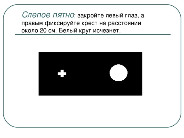 Закройте левый глаз. Опыт Мариотта слепое пятно. Рисунок для выявления слепого пятна. Обнаружение слепого пятна опыт Мариотта. Слепая зона глаза.