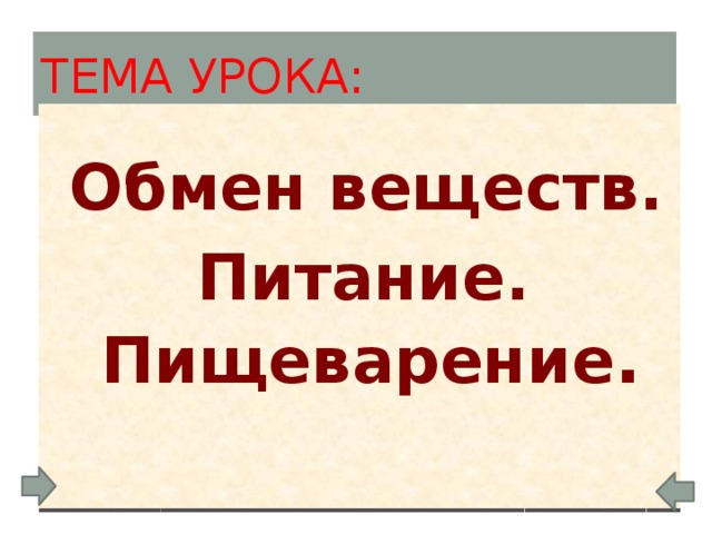 Тема урока:  Обмен веществ . Питание. Пищеварение .  