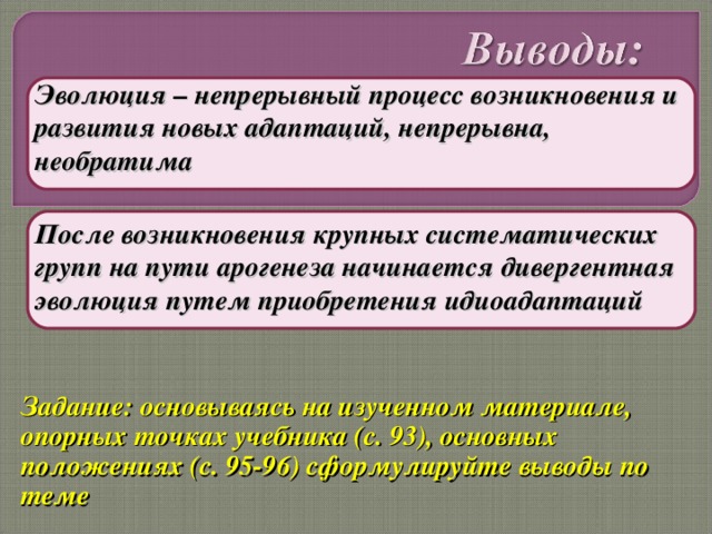 Эволюция – непрерывный процесс возникновения и развития новых адаптаций, непрерывна, необратима После возникновения крупных систематических групп на пути арогенеза начинается дивергентная эволюция путем приобретения идиоадаптаций Задание: основываясь на изученном материале, опорных точках учебника (с. 93), основных положениях (с. 95-96) сформулируйте выводы по теме