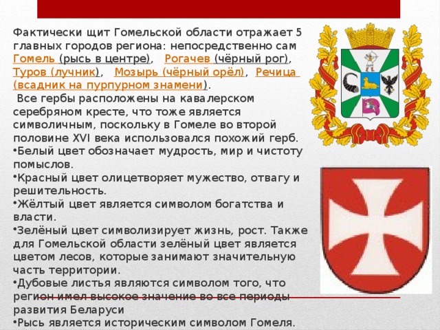 Фактически щит Гомельской области отражает 5 главных городов региона: непосредственно сам  Гомель (рысь в центре) ,  Рогачев (чёрный рог) ,  Туров (лучник ) ,   Мозырь (чёрный орёл) ,  Речица (всадник на пурпурном знамени ) .  Все гербы расположены на кавалерском серебряном кресте, что тоже является символичным, поскольку в Гомеле во второй половине XVI века использовался похожий герб. Белый цвет обозначает мудрость, мир и чистоту помыслов. Красный цвет олицетворяет мужество, отвагу и решительность. Жёлтый цвет является символом богатства и власти. Зелёный цвет символизирует жизнь, рост. Также для Гомельской области зелёный цвет является цветом лесов, которые занимают значительную часть территории. Дубовые листья являются символом того, что регион имел высокое значение во все периоды развития Беларуси Рысь является историческим символом Гомеля. 