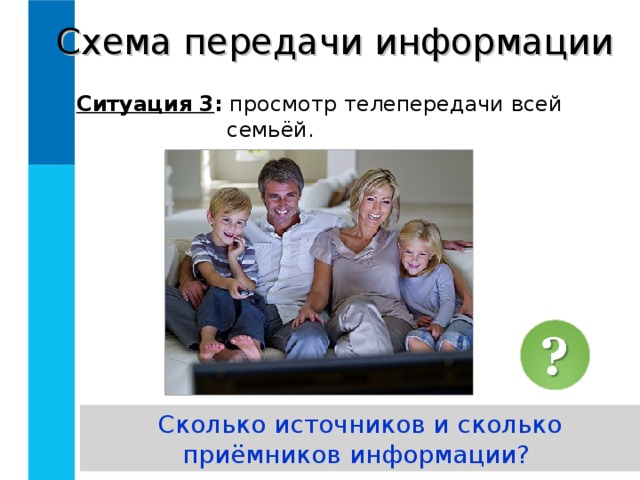 Схема передачи информации Ситуация 3 : просмотр телепередачи всей семьёй. Сколько источников и сколько приёмников информации? 