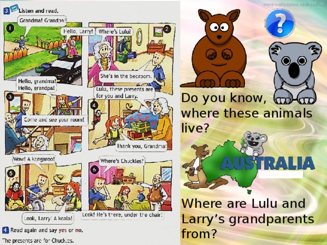 Do you know, where these animals live? Аудирование, чтение. Where are Lulu and Larry’s grandparents from?  