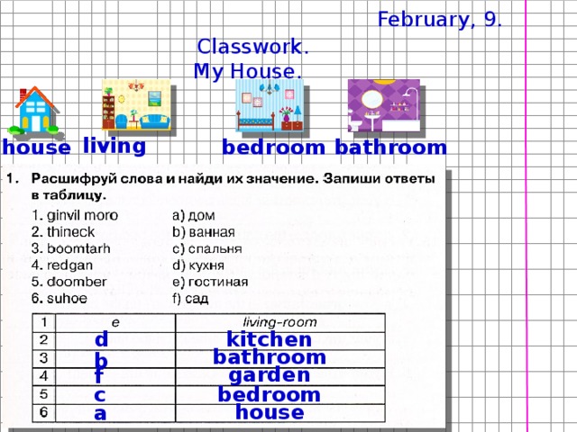 February, 9. Classwork. My House. living room bedroom house bathroom garden kitchen Закрепление ЛЕ kitchen d bathroom b garden f bedroom c house a  