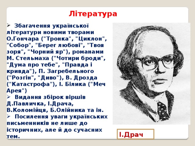 Література  Збагачення української літератури новими творами О.Гончара (