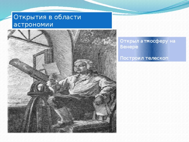 Открытия в области астрономии Открыл атмосферу на Венере Построил телескоп 
