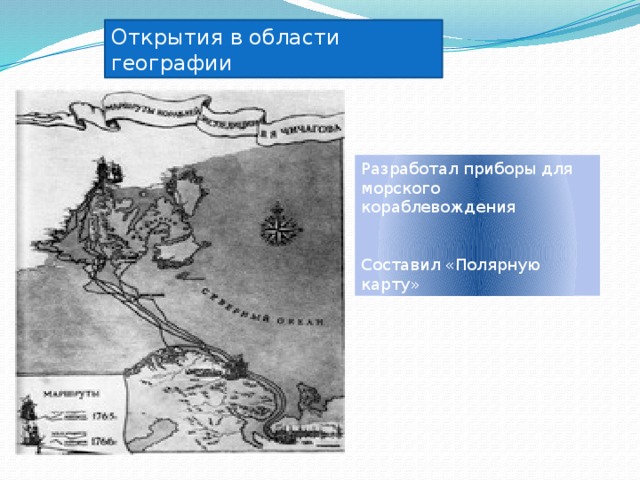 Открытия в области географии Разработал приборы для морского кораблевождения Составил «Полярную карту» 