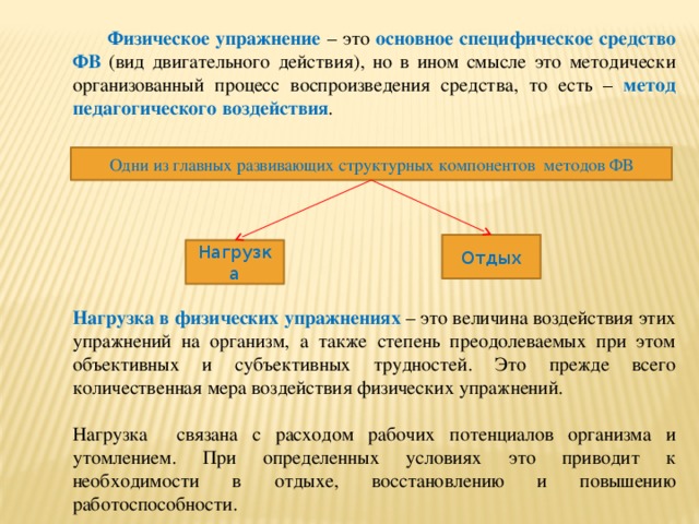 Физическое упражнение – это основное специфическое средство ФВ  (вид двигательного действия), но в ином смысле это методически организованный процесс воспроизведения средства, то есть – метод педагогического воздействия .       Нагрузка в физических упражнениях – это величина воздействия этих упражнений на организм, а также степень преодолеваемых при этом объективных и субъективных трудностей. Это прежде всего количественная мера воздействия физических упражнений. Нагрузка связана с расходом рабочих потенциалов организма и утомлением. При определенных условиях это приводит к необходимости в отдыхе, восстановлению и повышению работоспособности. Одни из главных развивающих структурных компонентов методов ФВ Отдых Нагрузка