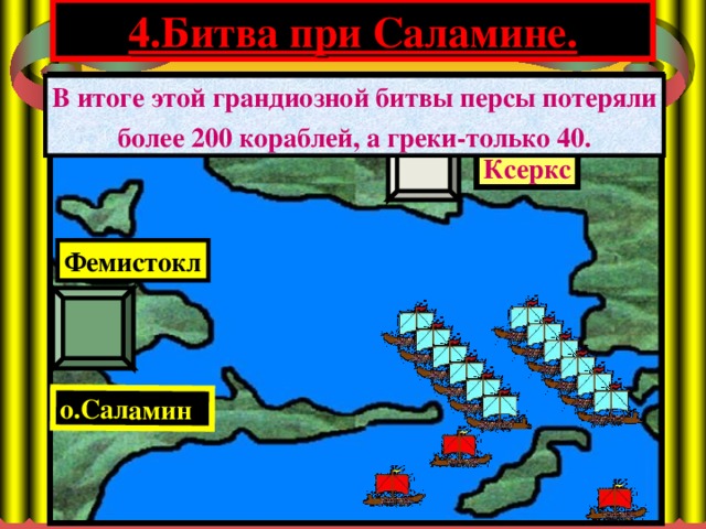 4.Битва при Саламине. о.Саламин В итоге этой грандиозной битвы персы потеряли более 200 кораблей, а греки-только 40. АТТИКА Ксеркс Фемистокл 