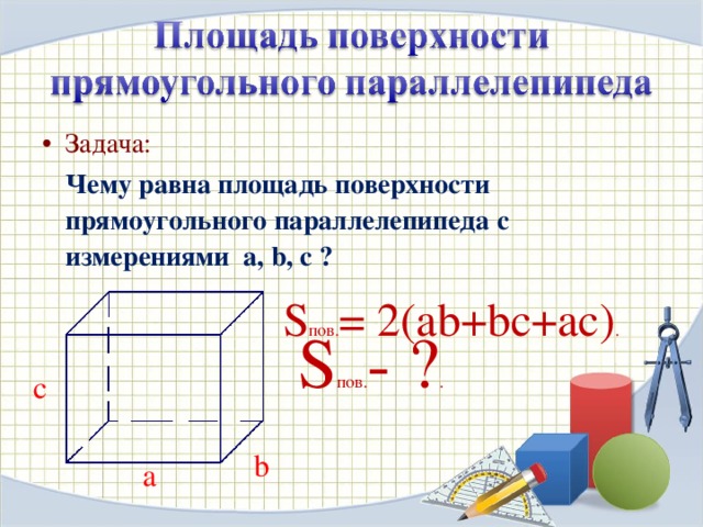 Вычислить полную поверхность параллелепипеда. Площадь поверхности прямоугольного параллелепипеда. Площадь полной поверхности прямоугольного параллелепипеда. Площадь поверхности прямоугольного параллелепипеда формула. Формула площади поверхности прямоугольного параллелепипеда 5.