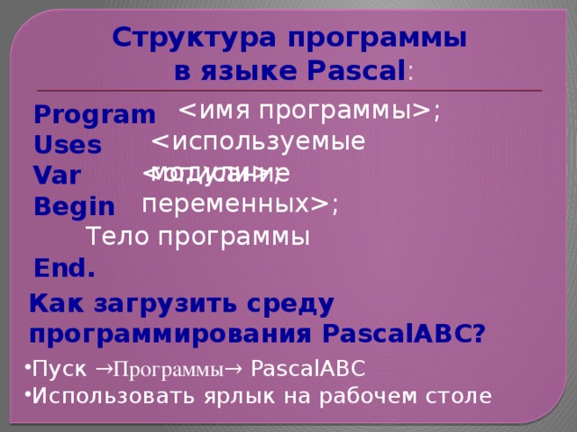 Структура программы  в языке Pascal : ; Program Uses Var Begin  End. ; ; Тело программы Как загрузить среду программирования PascalABC? Пуск →Программы→ PascalABC Использовать ярлык на рабочем столе 