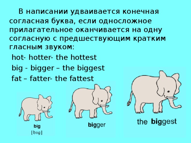  В написании удваивается конечная согласная буква, если односложное прилагательное оканчивается на одну согласную с предшествующим кратким гласным звуком:  hot- hotter- the hottest    big - bigger – the biggest  fat – fatter- the fattest 