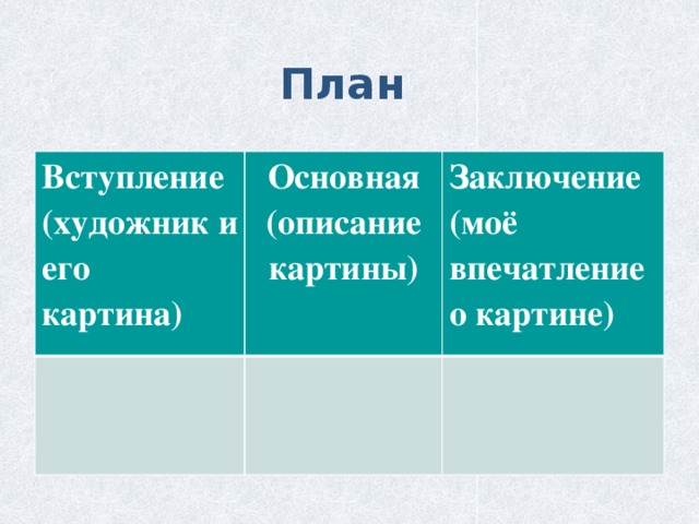 План  Вступление (художник и его картина) Основная (описание картины) Заключение (моё впечатление о картине) 