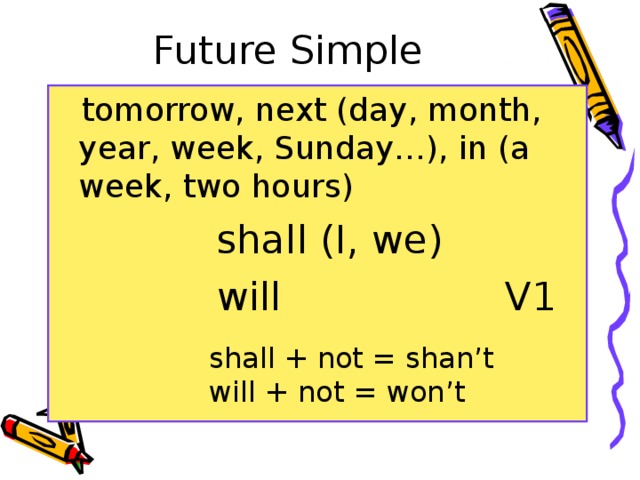 Future Simple  tomorrow, next (day, month, year, week, Sunday…), in (a week, two hours)  shall (I, we)  will V1 shall + not = shan’t will + not = won’t 