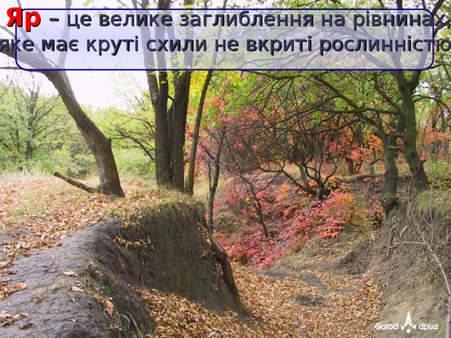  Яр – це велике заглиблення на рівнинах,  яке має круті схили не вкриті рослинністю  