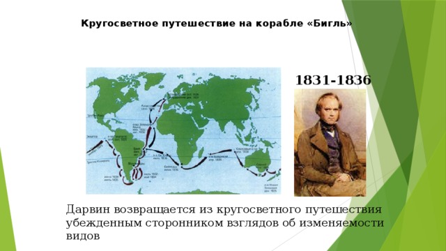 Кругосветное путешествие на корабле «Бигль»   1831-1836 Дарвин возвращается из кругосветного путешествия убежденным сторонником взглядов об изменяемости видов 