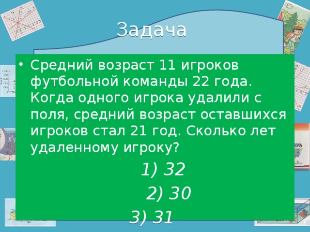 Возраст игроков футбольной команды. Средний Возраст 11 игроков футбольной команды 22 года. Задача про средний Возраст футболистов. Средний Возраст 11 футболистов команды 22 года. Средний Возраст 11 футболистов команды.