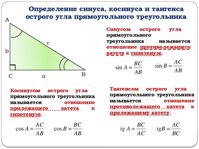 Формула косинуса острого угла прямоугольного треугольника. Определение синуса косинуса тангенса острого угла. Синус косинус тангенс острого угла формулы. Определить синус косинус тангенс прямоугольного треугольника. Синус косинус. Тангенс и косинус острого угла.