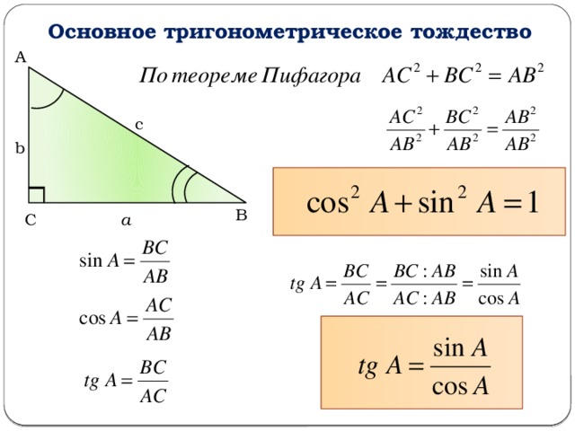 Синус косинус тангенс формулы 8 класс. Доказательство основного тригонометрического тождества 9 класс. Соотношения между косинусом, синусом и тангенсом. Прямоугольный треугольник основное тригонометрическое тождество.