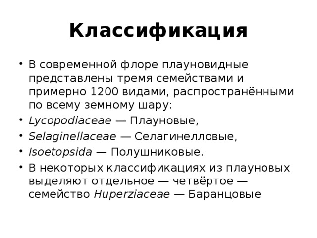 Классификация В современной флоре плауновидные представлены тремя семействами и примерно 1200 видами, распространёнными по всему земному шару: Lycopodiaceae  — Плауновые, Selaginellaceae  — Селагинелловые, Isoetopsida  — Полушниковые. В некоторых классификациях из плауновых выделяют отдельное — четвёртое — семейство  Huperziaceae  — Баранцовые 