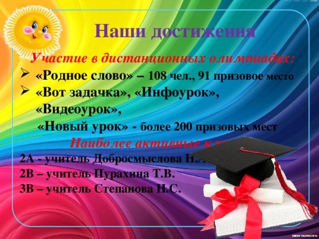 Наши достижения Участие в дистанционных олимпиадах: «Родное слово» – 108 чел., 91 призовое место «Вот задачка», «Инфоурок», «Видеоурок»,  «Новый урок» - более 200 призовых мест Наиболее активные классы: 2А - учитель Добросмыслова Н.А. 2В – учитель Пурахина Т.В. 3В – учитель Степанова Н.С.
