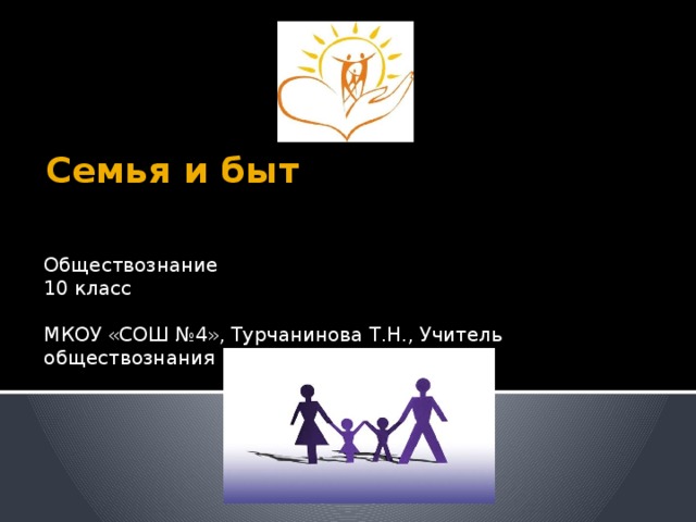 Семья и быт Обществознание 10 класс МКОУ «СОШ №4», Турчанинова Т.Н., Учитель обществознания 