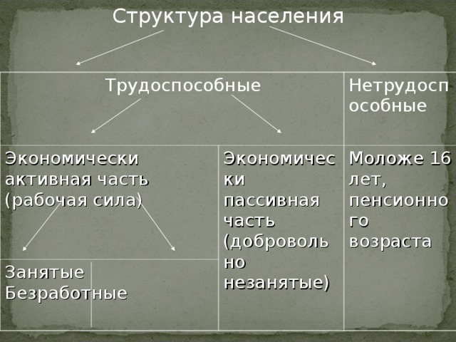 Структура населения  Трудоспособные Экономически активная часть (рабочая сила) Нетрудоспособные Экономически пассивная часть (добровольно незанятые) Занятые Безработные Моложе 16 лет, пенсионного возраста 