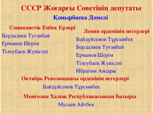  СССР Жоғарғы Советінің депутаты  Қоңырбаева Дәмелі  Социалистік Еңбек Ерлері Бердалиев Туғанбай Ерманов Шерім Тілеубаев Жүнісәлі  Ленин орденінің иегерлері Байдүйсенов Тұрсынбек Бердалиев Туғанбай Ерманов Шерім Тілеубаев Жүнісәлі Ибрагим Ансары  Октябрь Революциясы орденінің иегерлері Байдүйсенов Тұрсынбек  Монғолия Халық Республикасының Батыры Мусаев Айтбек 